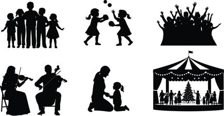 Diverse people activities silhouette collection including family, kids playing, cheering crowd, musicians, parent child moment and circus stage vector illustration set