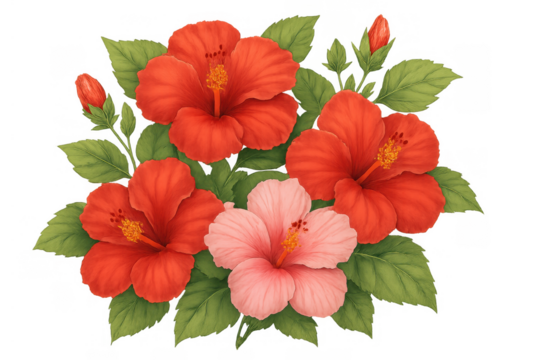 Hand painted hibiscus flowers bouquet arrangement with green leaves, red and pink blossoms on transparent background - Powered by Adobe