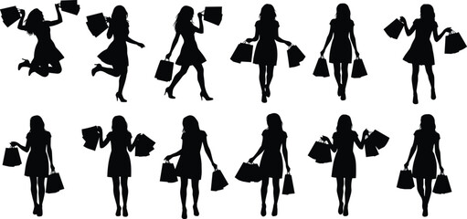 Large set of diverse female shoppers silhouette characters celebrating sales and holding many shopping bags vector illustration graphic design element for retail advertising and deals