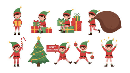 Christmas Elf: Cheerful elves, adorned in festive attire, busily prepare for the holiday season by holding presents, decorating trees, and spreading merriment and joy