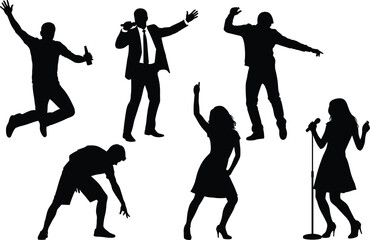 Nightclub Party People and Singers Silhouette Vector Set, Men and Women Dancing, Cheering, Jumping, and Performing on Stage with Microphones, Concert Entertainment Group.