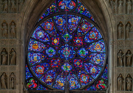 Gothic cathedral interior: vaults, stained glass and rose window. - Powered by Adobe