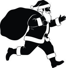 Running Santa Claus Silhouette Vector Illustration, Carrying Large Sack of Gifts, Hurrying to Deliver Presents on Christmas Eve, Ideal for Dynamic Holiday Marketing and Design.
