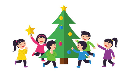 Christmas Tree Delight: A group of excited children adorn a vibrant Christmas tree with ornaments, capturing the spirit of joy and the magic of the holiday season.