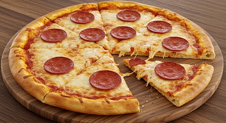 A classic pepperoni pizza, sliced and served on a round wooden board, with one slice being pulled away showing melted cheese.
