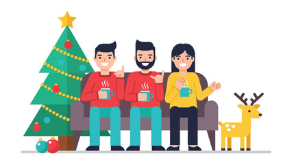 Holiday Gathering: Festive illustration showcasing a joyful group on a sofa, sipping warm drinks next to a decorated christmas tree. and sharing laughter during the festive season.