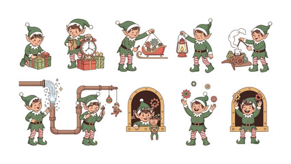 Whimsical Elves: A collection of cheerful elves engaged in various festive activities, from gift wrapping to winter activities, bringing a sense of enchantment and seasonal merriment.