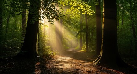 Fototapeta premium Stunning sunlight streaming through a lush green forest path, perfect for nature lovers and outdoor adventures, evoking tranquility and peace