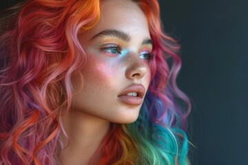 Fototapeta premium A woman with colorful hair and bold makeup looks thoughtfully into the distance, conveying a sense of contemplation and wonder.
