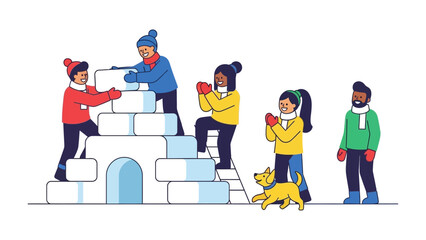 Snow Fort Fun: A vibrant illustration depicts a group of friends collaborating to construct a snow fort, embodying winter joy and camaraderie.