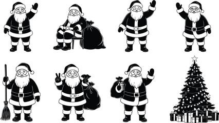 Set of Santa Claus poses silhouette with waving hand, holding broom and sack, peace sign and Christmas tree with gifts vector illustration graphic bundle