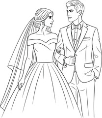 Wedding couple line art—bride and groom in formal attire with intimate pose for romantic black-and-white visuals