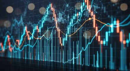 Digital display of a glowing financial stock market chart with data analysis and indicators for investment, trading, and business finance concepts
