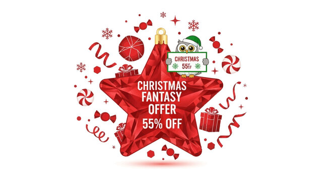 Festive Fantasy Offer: A vibrant, eye-catching Christmas star ornament, embellished with festive elements, beckons with a magical offer of 55% off. Capture the allure of a whimsical winter sale.