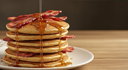 Stack of pancakes with bacon and syrup on a white plate.