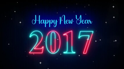 Futuristic Red Cyan Glowing Neon Light Happy New Year 2017 Text Reveal. The Falling Snow Star on Dark Background, 5-10 Seconds Seamless LoopIng 4k video