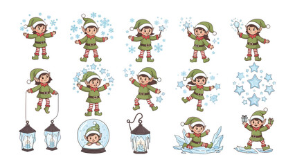 Festive Elves in Winter Wonderland: A whimsical collection of joyful elves frolicking amidst snowflakes, stars, and lanterns, embodying the magic of winter celebrations.