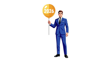 Visionary in 2026: A confident businessman, smartly dressed, holds up a balloon displaying the year 2026, symbolizing future planning and forward-thinking goals.