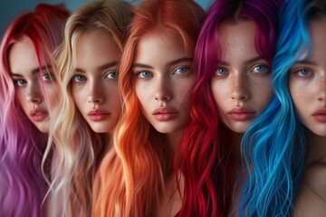 Fototapeta premium A group of young women stand together, showcasing a variety of vibrant and fashionable hair colors. The scene conveys energy, style, and youthfulness.