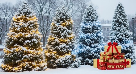 Decorated Christmas Trees in Snowy Landscape with Gifts