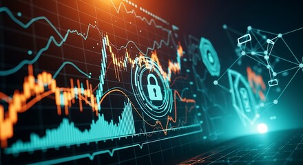 Futuristic digital interface displaying secure data analysis and financial technology with glowing charts, network connections, and security lock icons