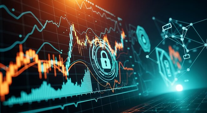 Futuristic digital interface displaying secure data analysis and financial technology with glowing charts, network connections, and security lock icons