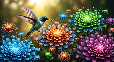 Hummingbird hovering amidst vibrant, colorful, abstract flowers