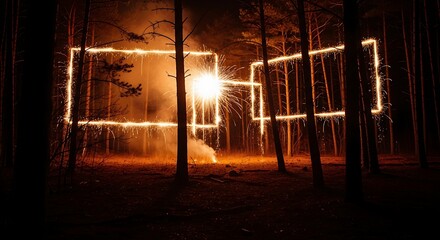 Light Painting Rectangles in Dark Forest at Night long exposure