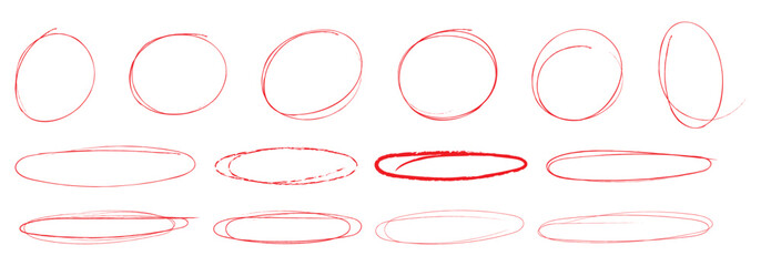 Hand drawn red crayon ovals and circles. Ellipses pencil doodle style set. Red round rough thin frames. Round freehand shapes, emphasis highlights. Vector elements for hand drawn diagrams © RadheK 