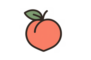 Peach fruit icon with a green leaf and dark outline, symbolizing healthy food, dieting, freshness, summer, and sweet concepts