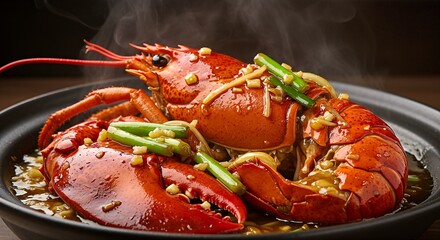 Delicious lobster dish with green beans and sauce, served in a black bowl.