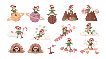 Fototapeta premium Whimsical Elf Adventures: A collection of cheerful elves engage in playful activities, with Christmas theme and joy. Featuring a variety of whimsical scenes.