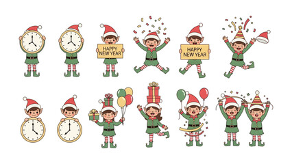 Joyful Elf Collection: A vibrant assortment of cartoon elves, each character embodying the spirit of celebration and festivity. Displaying a diverse range of expressions and props.