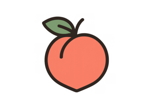 Peach fruit icon with a green leaf and dark outline, symbolizing healthy food, dieting, freshness, summer, and sweet concepts