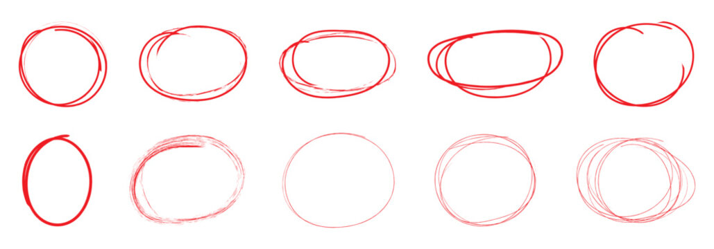Hand drawn red crayon ovals and circles. Ellipses pencil doodle style set. Red round rough thin frames. Round freehand shapes, emphasis highlights. Vector elements for hand drawn diagrams
