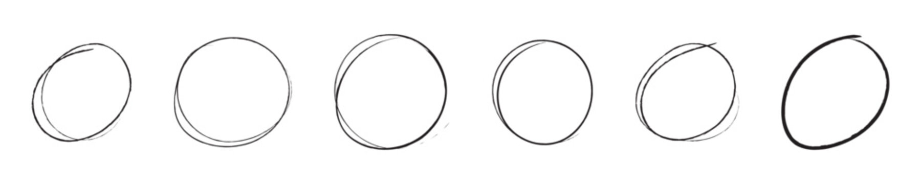 Hand drawn red crayon ovals and circles. Ellipses pencil doodle style set. Red round rough thin frames. Round freehand shapes, emphasis highlights. Vector elements for hand drawn diagrams