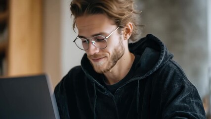 Young man working remotely on a laptop while focusing on online education during a quiet afternoon at home