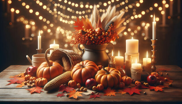 Thanksgiving dinner table background with pumpkins, candles, autumn leaves, and warm bokeh lights decoration.