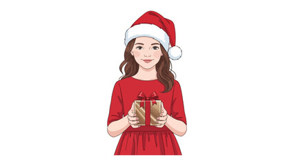 Holiday Cheer: A woman in a festive red ensemble, adorned with a Santa hat, holds a beautifully wrapped gift. Evoking feelings of warmth and holiday spirit, perfect for seasonal greetings.