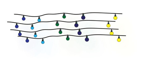 Vibrant illustration of colorful string lights on a clean white background.