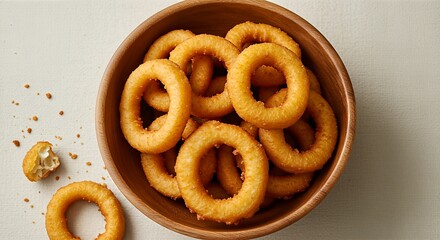 A wooden bowl filled with crispy golden-brown fried onion rings, seen from an overhead perspective on a light surface.
