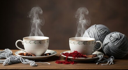 Steaming Coffee Cups With Yarn and Spices beverage