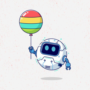 Cute robot in white color holding a balloon in a cheerful flat vector style. Perfect for kids&rsquo; designs, birthday themes, posters, and playful creative illustrations.