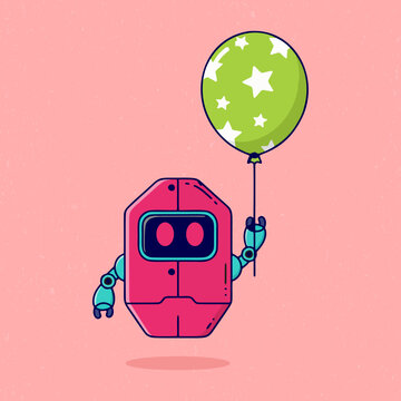 Cute robot in magenta color holding a balloon in a cheerful flat vector style. Perfect for kids&rsquo; designs, birthday themes, posters, and playful creative illustrations.