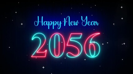 Futuristic Red Cyan Glowing Neon Light Happy New Year 2056 Text Reveal. The Falling Snow Star on Dark Background, 5-10 Seconds Seamless LoopIng 4k video