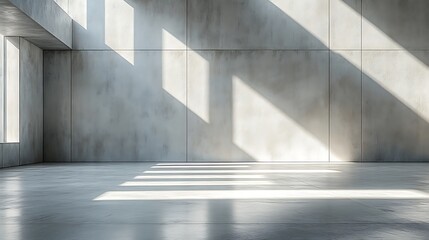 Obraz premium Sunlight streams dramatically across the textured gray concrete wall and floor in an empty modern room