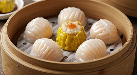 Close-up shot of a bamboo steamer filled with various types of delicious dim sum.