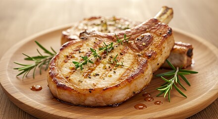 Two grilled pork chops on a wooden plate with rosemary sprigs.