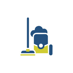 Vacuum cleaner with broom, House cleaning appliance icon logo flat vector design