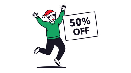 Joyful Offer: A happy individual leaps with elation, showcasing a bold 50% OFF sign during the holiday season, embodying the spirit of savings and seasonal cheer.
